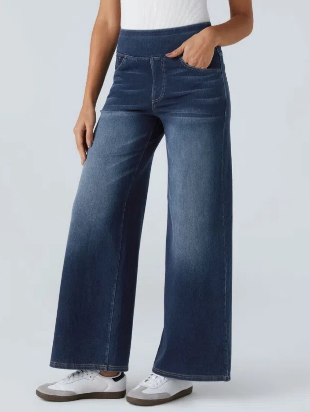 Halara Size M Tall Flex High Waisted Pockets Baggy Wide Leg Washed Blue Jeans